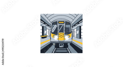 An illustration shows a subway train approaching in a tunnel, facing the viewer directly
