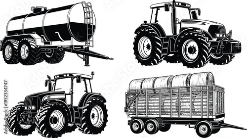 Agricultural transport and tractor set, farm machinery, hay trailer and tanker wagon, rural equipment, farming vehicles, harvest logistics, black vector illustration collection