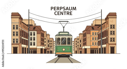 A stylized illustration features a green tram on tracks in a city center with buildings