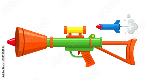 A toy rocket launcher launches a blue rocket with a vapor trail