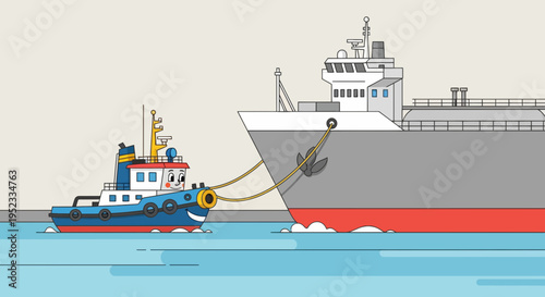 Cartoon tugboat pulling a large gray ship, connected by a rope, on a blue sea