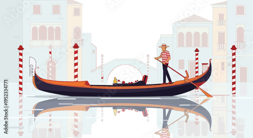 A gondola with a gondolier floats on water; buildings and a bridge form the backdrop