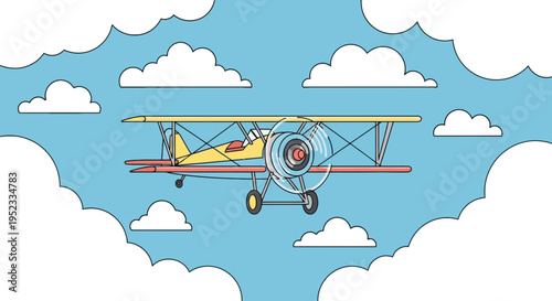A cartoon biplane soars through a blue sky dotted with fluffy white clouds