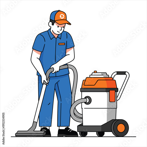Janitor using industrial vacuum cleaner for cleaning