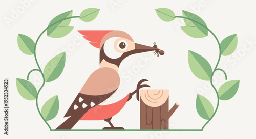 A stylized woodpecker with ants in its beak, framed by leafy vines, and a tree stump