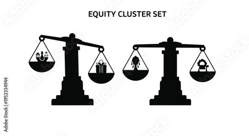 Scales illustrate the concept of equity cluster set comparison on a white background.