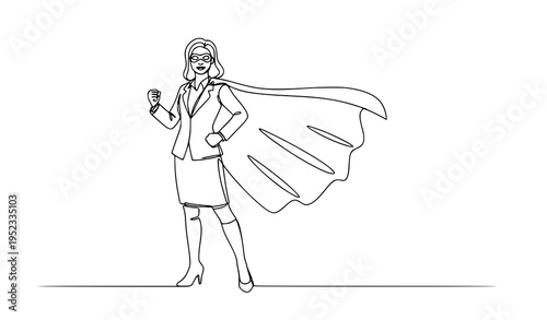 A confident businesswoman wearing a superhero cape and mask stands heroically