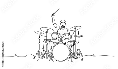 A minimalist line art illustration of a man playing a drum set