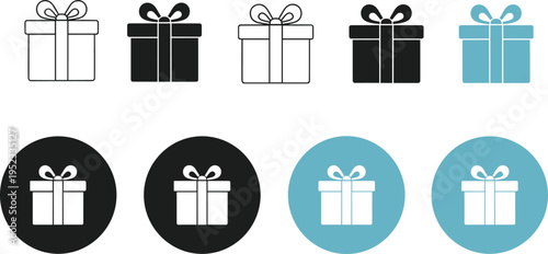 Gift box icons set, present package collection, ribbon wrapped boxes, holiday and celebration symbols, flat and solid design illustration
