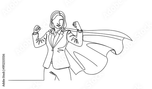 A confident businesswoman wearing a cape and standing heroically in a simple line art style