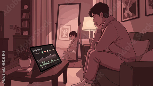 Young man sitting on couch looking at tablet screen.