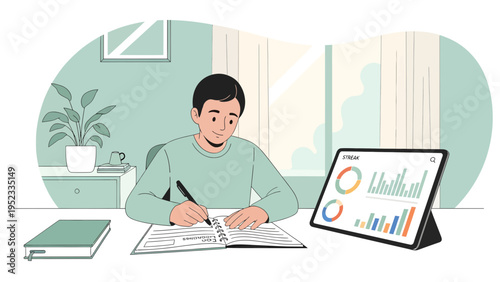 Young man studying and working diligently at his desk.