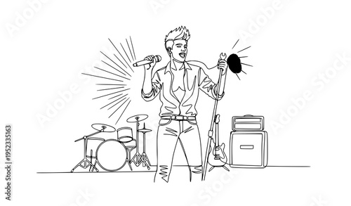 A line art illustration of a rockstar singing with a microphone
