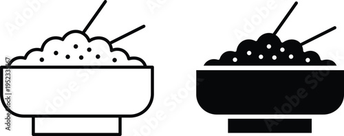 Outline and solid black icon of a bowl of rice with chopsticks, representing Asian cuisine and meals in a simple graphic style.