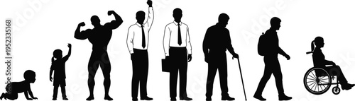 Human life stages silhouette from baby to elderly, aging process concept, growth and development timeline, people evolution illustration isolated