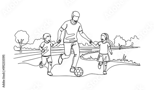 A vector illustration of a man playing soccer with his children in a park