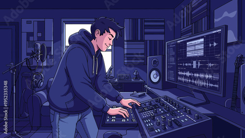 Young man working on music production equipment in studio.