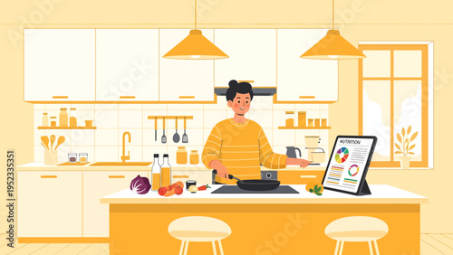 Young person cooking in a modern kitchen following online recipe.