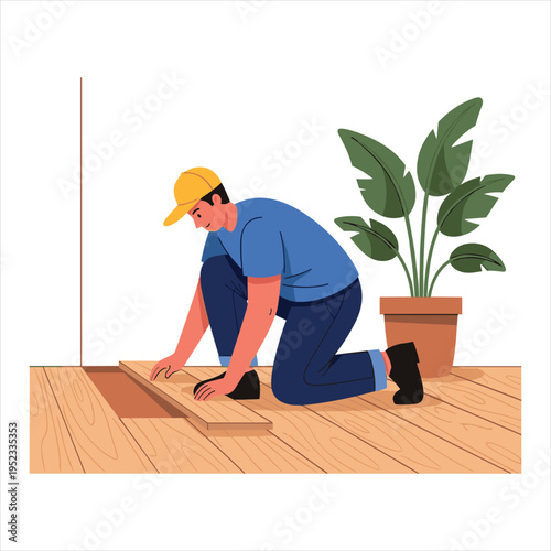 Man installing laminate flooring in a room with a potted plant