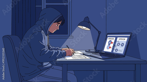 Young person in hoodie working late on laptop.