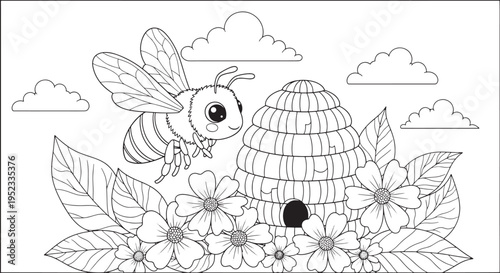 Adorable cartoon bee flying near a beehive surrounded by blooming flowers and fluffy clouds, sweet nature scene