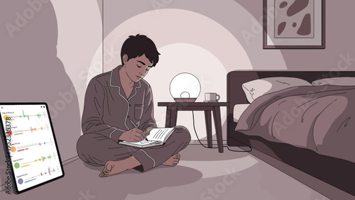 Young person in pajamas studying late at night.
