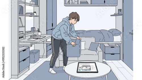 Young person organizing a small living space with a box.