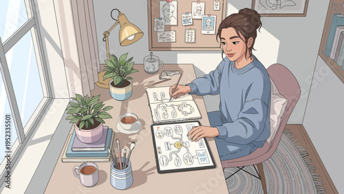 Young woman artist focused on digital drawing tablet at desk.