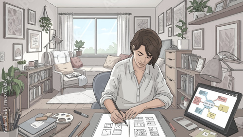 Young woman artist diligently working on her creative project.