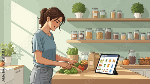 Young woman preparing fresh vegetables in a bright kitchen.