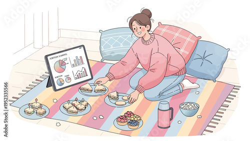 Young woman enjoying snacks and digital presentation at home.