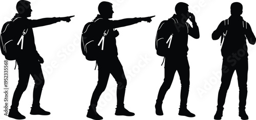 Man silhouette with backpack pointing and talking poses, casual student character set, black shadow people illustration isolated on white background