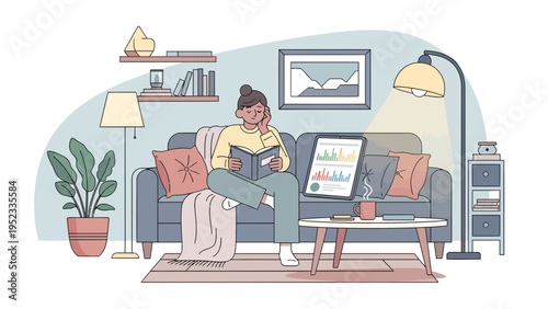 Young woman reading a book on a couch with a tablet.