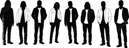 Men silhouettes set, casual standing poses collection, male figures in jackets, urban style characters, black vector isolated illustration design