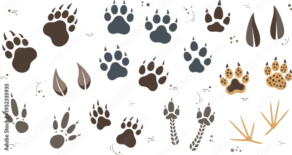 Fototapeta premium Animal paw prints and tracks collection set including bird mammals and wildlife footprint icons for nature and tracking design projects.