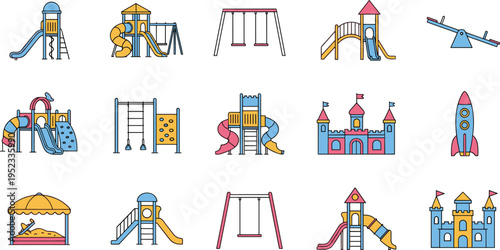 Playground equipment icons set, kids play park collection, slides swings sandbox castle rocket, colorful flat design, children activity illustration