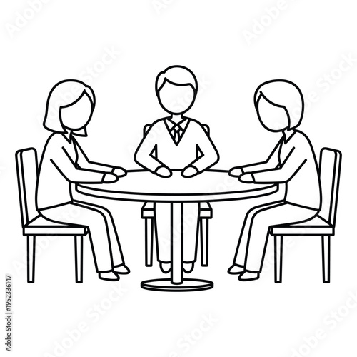 Three people sitting around a round table in a meeting or discussion