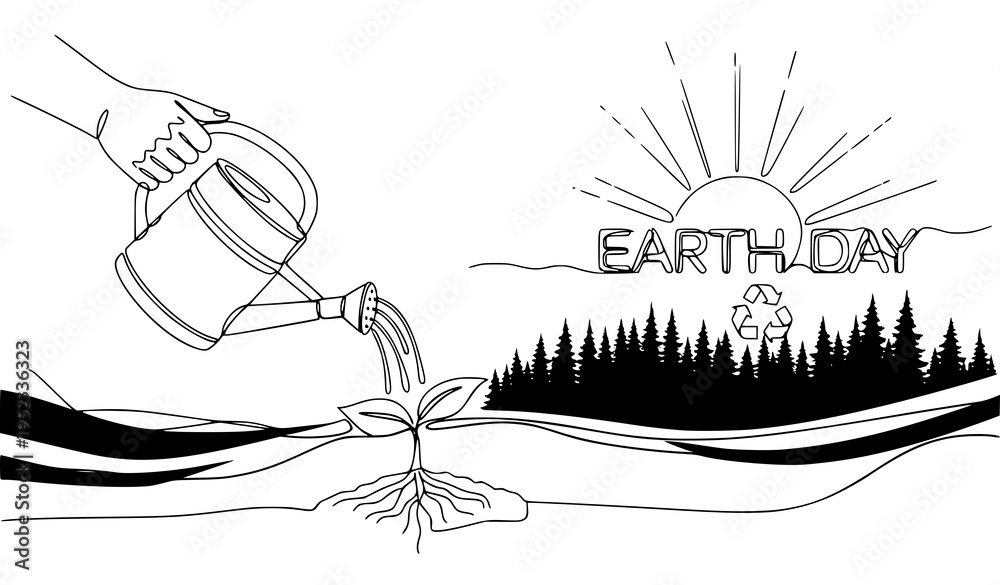 Naklejka premium A vector graphic illustration of a hand watering a plant on Earth Day