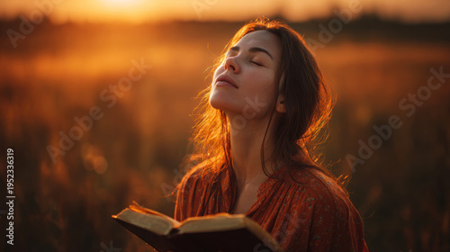 A woman prays to God while holding a Bible in her hands, enjoying the moment of the warm light and the quiet nature around her.
