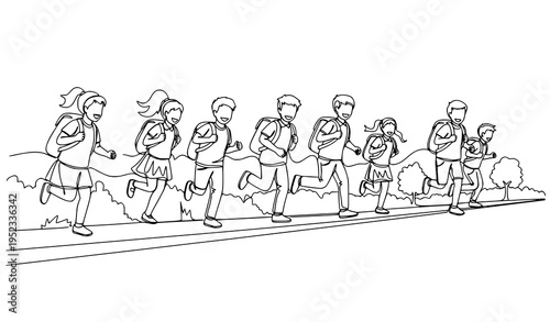 A group of people running together in a line illustration