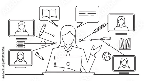 A woman engages in online learning and virtual communication with multiple students and teachers through her laptop and various digital tools.