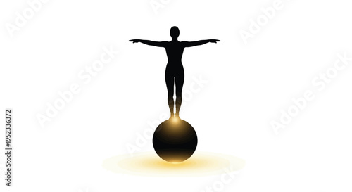 Female silhouette balances perfectly on a glowing sphere demonstrating stability.