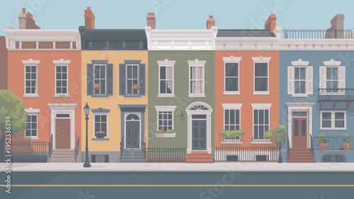 A row of colorful townhouses with white trim and black fences on a quiet street