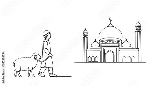 A man leads a sheep in front of a mosque illustration