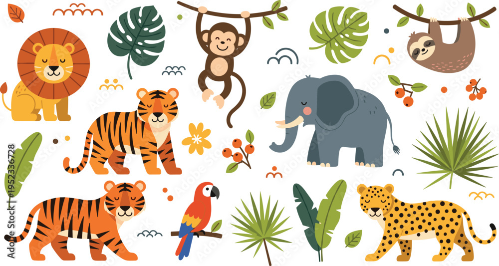 Fototapeta premium Jungle Animal Collection Featuring Lion, Tiger, Elephant, Monkey, Sloth, Leopard, and Parrot with Tropical Leaves in Cartoon Flat Vector Style for Kids Design Projects.