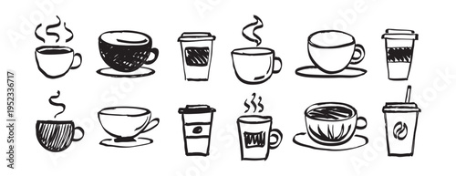 coffee in different cups in doodle style hand drawn set. coffee time element hot drink
