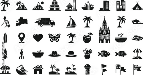 Travel icons set, tourism symbols collection with landmarks, transport and vacation elements, black silhouette design isolated vector illustration