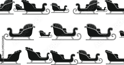 Vintage Christmas sleigh pattern, black silhouette reindeer sleigh, festive holiday transport illustration, seamless background design for winter decoration use