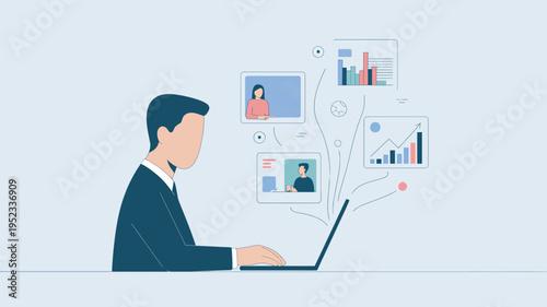 A man in a suit works on a laptop with various graphs and people displayed around him.