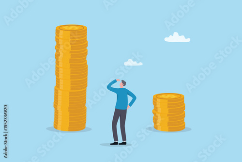 Choosing financial choice, more income, salary or investment earning, opportunity to make more profit, make decision for more benefit, businessman thinking or choosing to get new job with more salary.